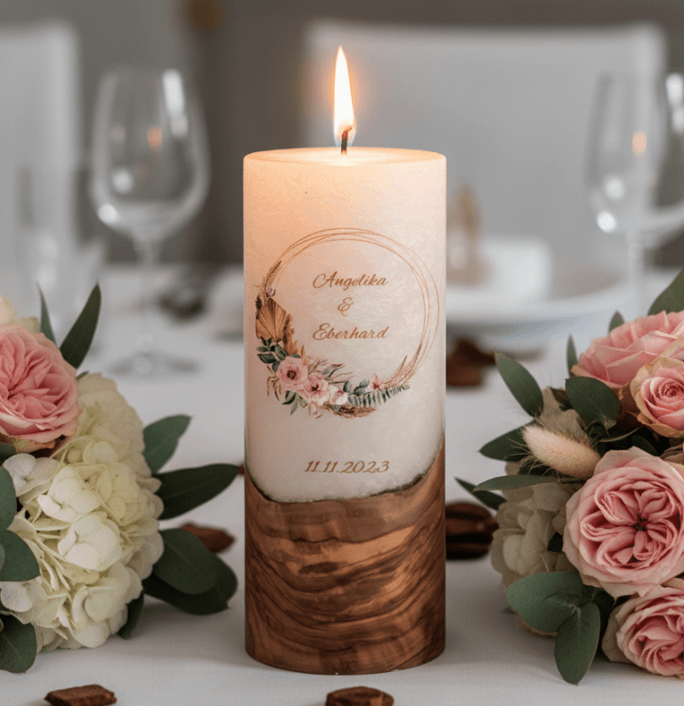 "Rustica Kranz" 25 cm Hochzeitskerze mit Holzelement