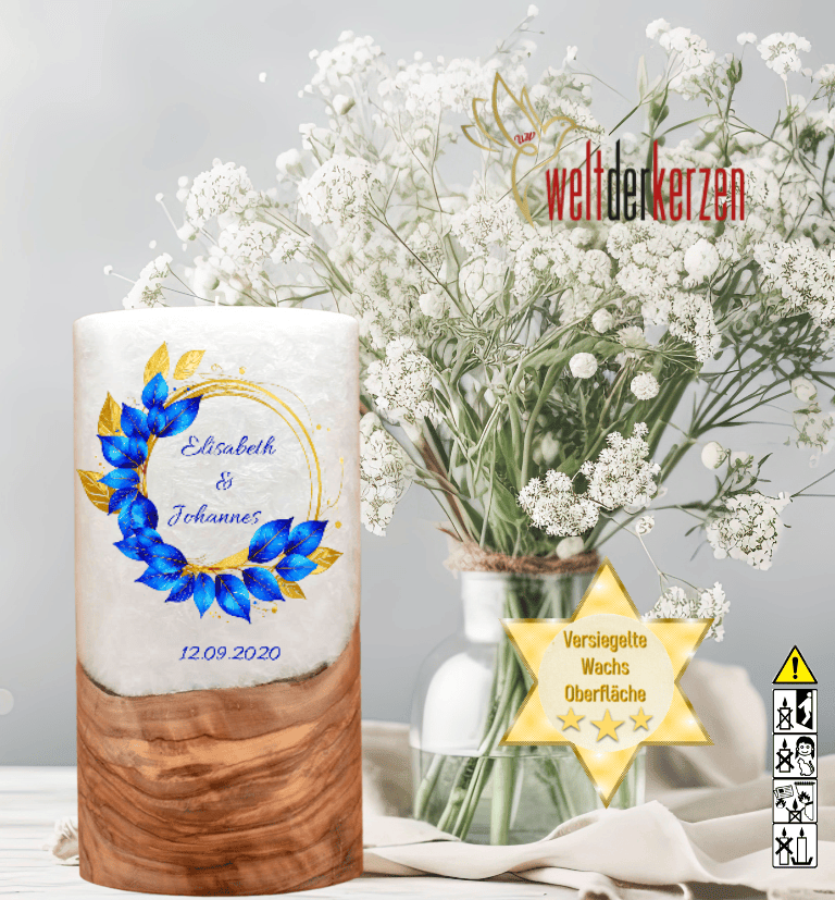 "Eukalyptus Blau" Hochzeitskerze mit Holzelement 20 cm hoch