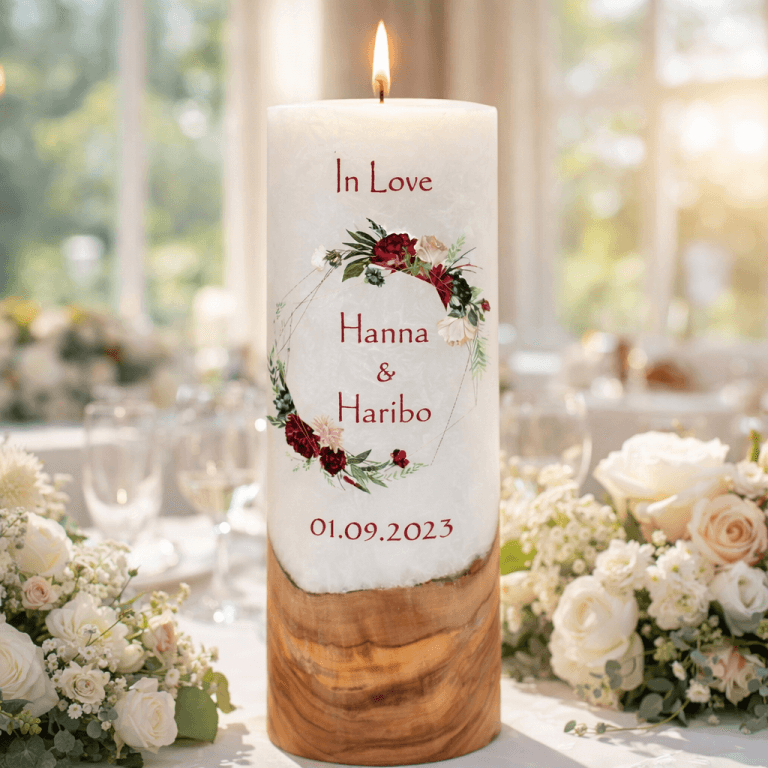 "Rosenkranz" Hochzeitskerze mit Holzelement 30 cm hoch