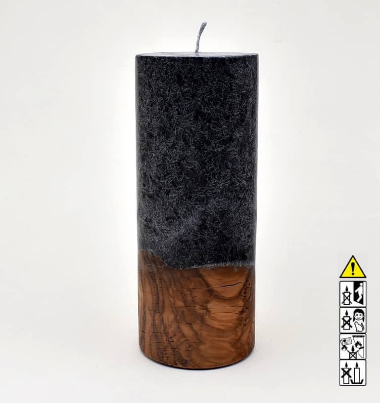 Kerze mit Holz Unikat Rund 80 x 200 mm mit Docht in schwarz