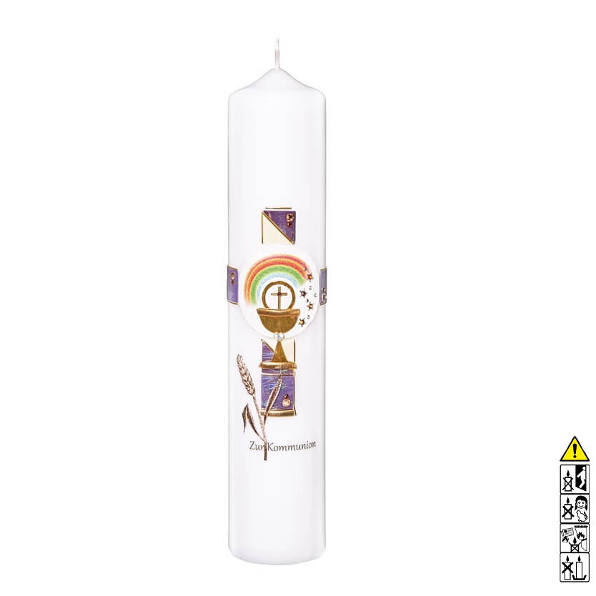 Kommunionkerze / Konfirmationskerze Kelch Kreuz Regenbogen 300 x 60 mm Kommunionkerze und Konfirmationkerze kaufen mit Motiv. Kelch Kreuz Regenbogen 300 x 60 mm