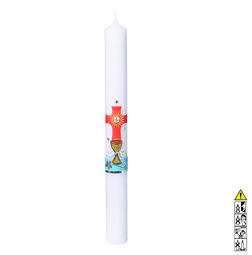 Kommunionkerze / Konfirmationskerze Kelch Kreuz orange 400 x 40 mm Kommunionkerze und Konfirmationkerze kaufen mit Motiv. Kelch Kreuz orange 400 x 40 mm