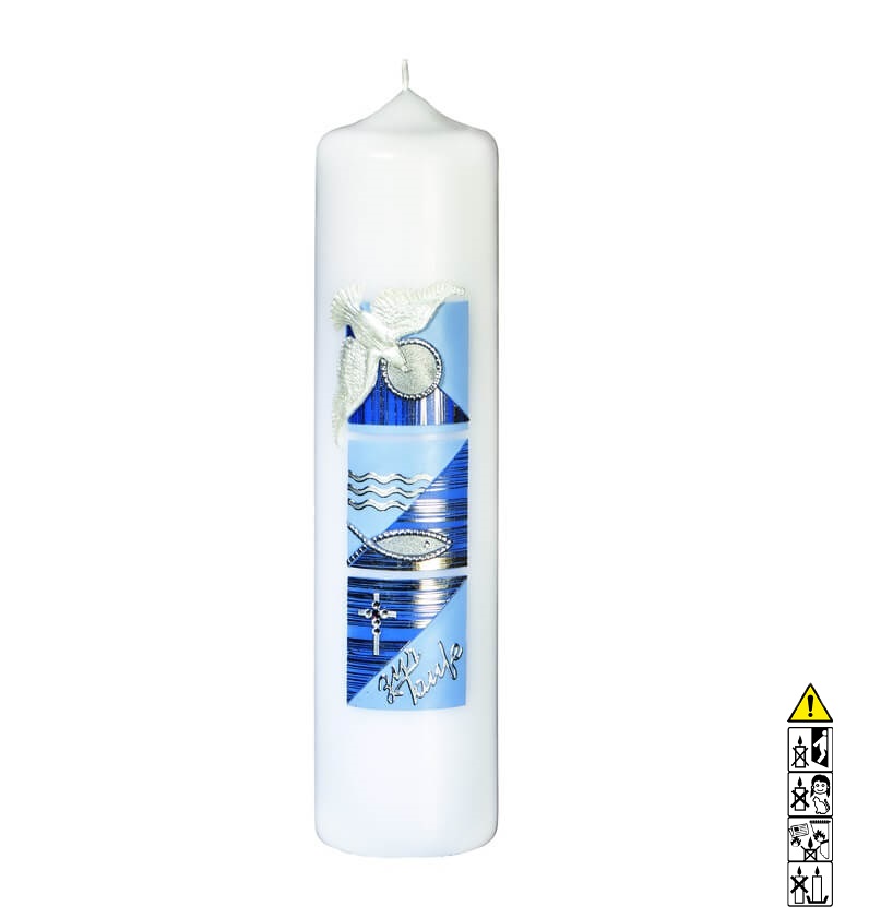 Taufkerze kaufen mit Motiv Taube Fisch Kreuz in hellblau 250 x 60 mm