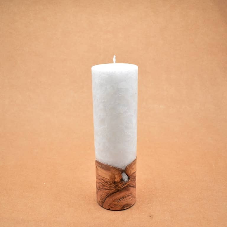 Liebliche Kerze mit Holz Unikat Rund 60 x 200 mm mit Docht Nr.: 5