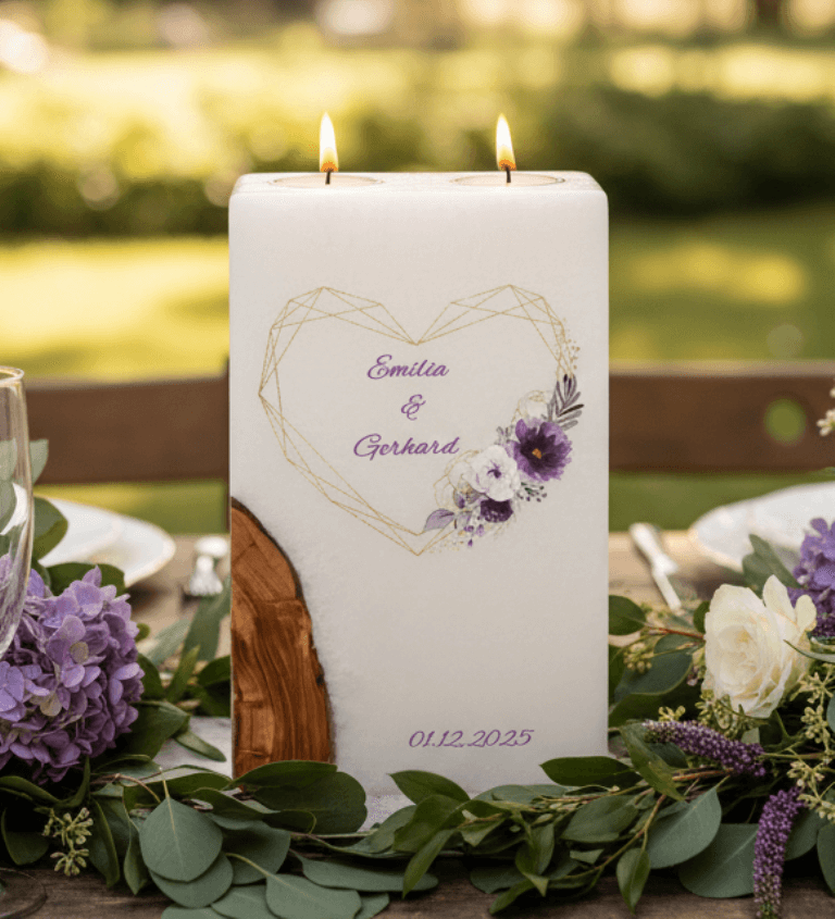 "Herz in Lila" Hochzeitskerze mit Holz und 2 Teelichter 14 x 21 cm