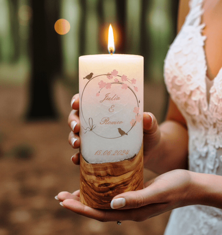 "Vogelpaar 3" 25 cm Hochzeitskerze mit Holzelement