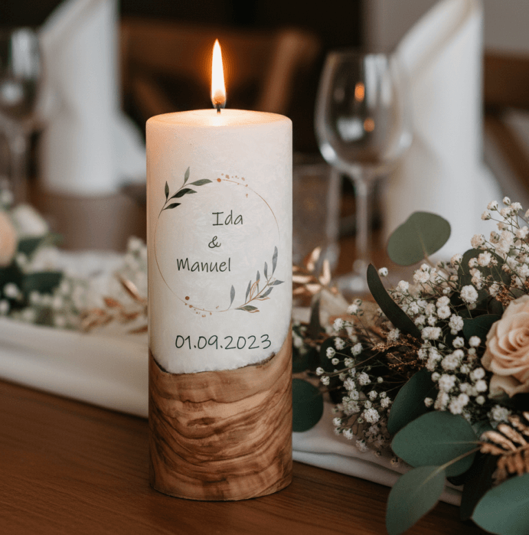 "Olivenkranz" 25 cm Hochzeitskerze mit Holzelement