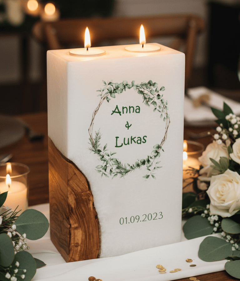 "Eukalyptus und Zweigen" Hochzeitskerze mit Holz und 2 Teelichter 14 x 21 cm