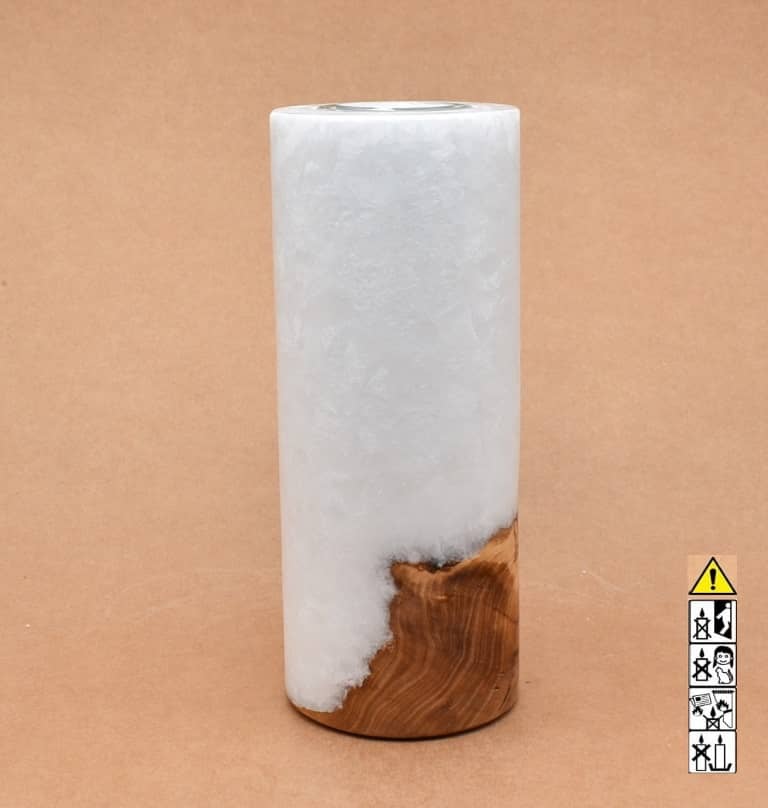 Kerze 80x200mm mit Holzelement, Individuelle, persönliche Hochzeitskerze  Holzkerze, Rund Stearinoptik, Hochzeitskerze mit Teelicht im Kerzen online Shop für Hochzeiten bestellen, günstig kaufen.