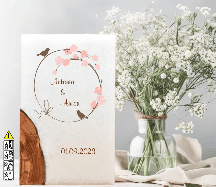 Hochzeitskerze mit Holzelement. Motiv: Vogelpaar günstig in unserem Onlineshop kaufen. Personalisierte Hochzeitskerze online kaufen