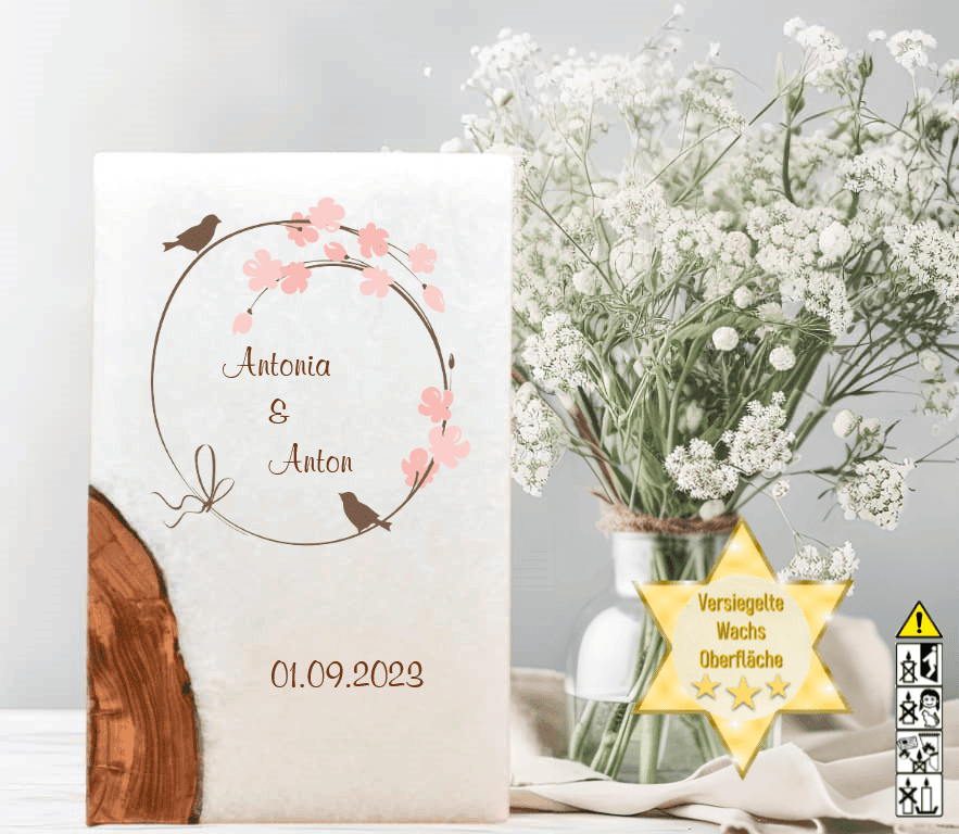 Hochzeitskerze mit Holzelement. Motiv: Vogelpaar günstig in unserem Onlineshop kaufen. Personalisierte Hochzeitskerze online kaufen