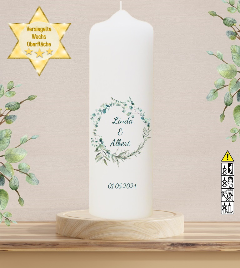 Personalisierte Hochzeitskerze "Eukalyptuskranz" 30 cm Personalisierte Hochzeitskerze "Eukalyptuskranz" 30 cm