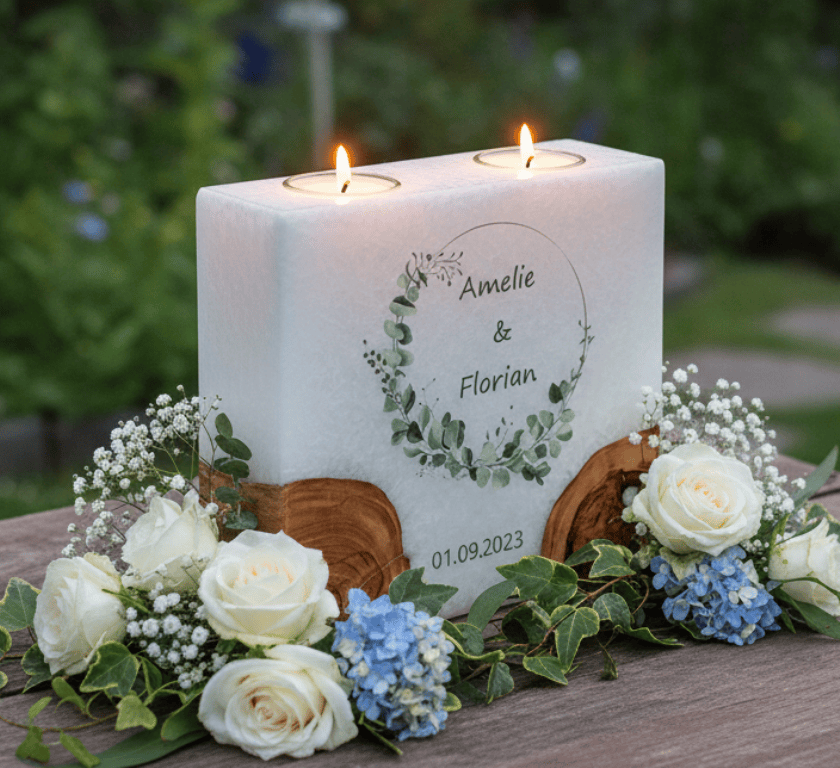 Hochzeitskerze Eukalyptus Kranz wild mit 2 Holzelementen und 2 Teelichter 20 x 20 cm