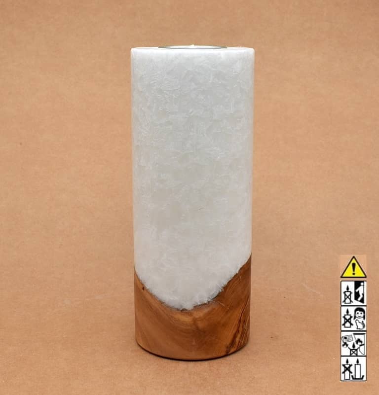 Kerze 80x200mm mit Holzelement, Individuelle, persönliche Hochzeitskerze  Holzkerze, Rund Stearinoptik, Hochzeitskerze mit Teelicht im Kerzen online Shop für Hochzeiten bestellen, günstig kaufen.