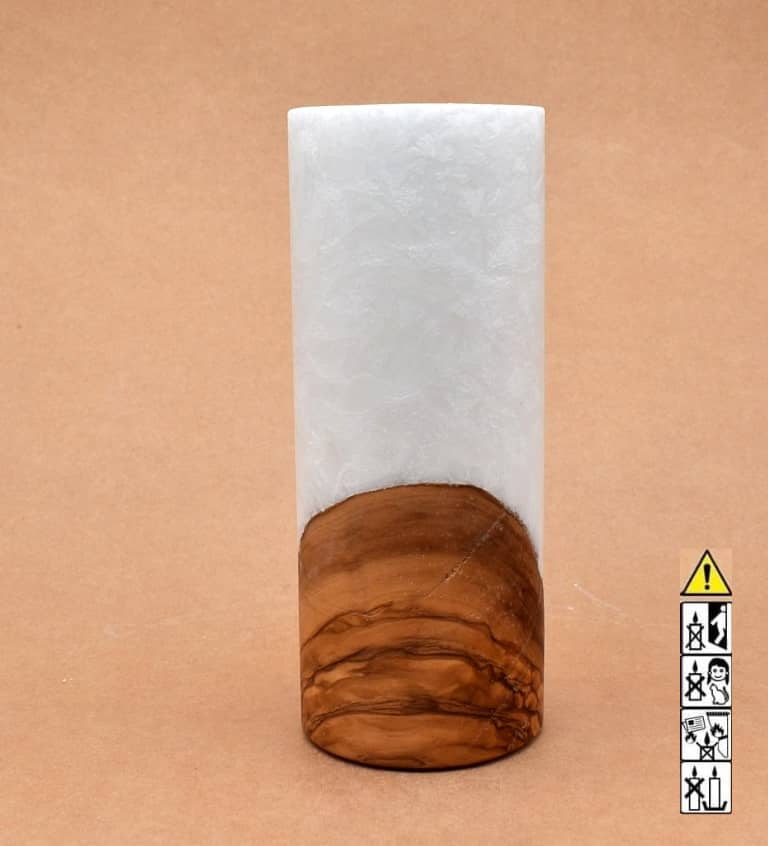 Kerze 80x200mm mit Holzelement, Individuelle, persönliche Hochzeitskerze  Holzkerze, Rund Stearinoptik, Hochzeitskerze mit Teelicht im Kerzen online Shop für Hochzeiten bestellen, günstig kaufen.