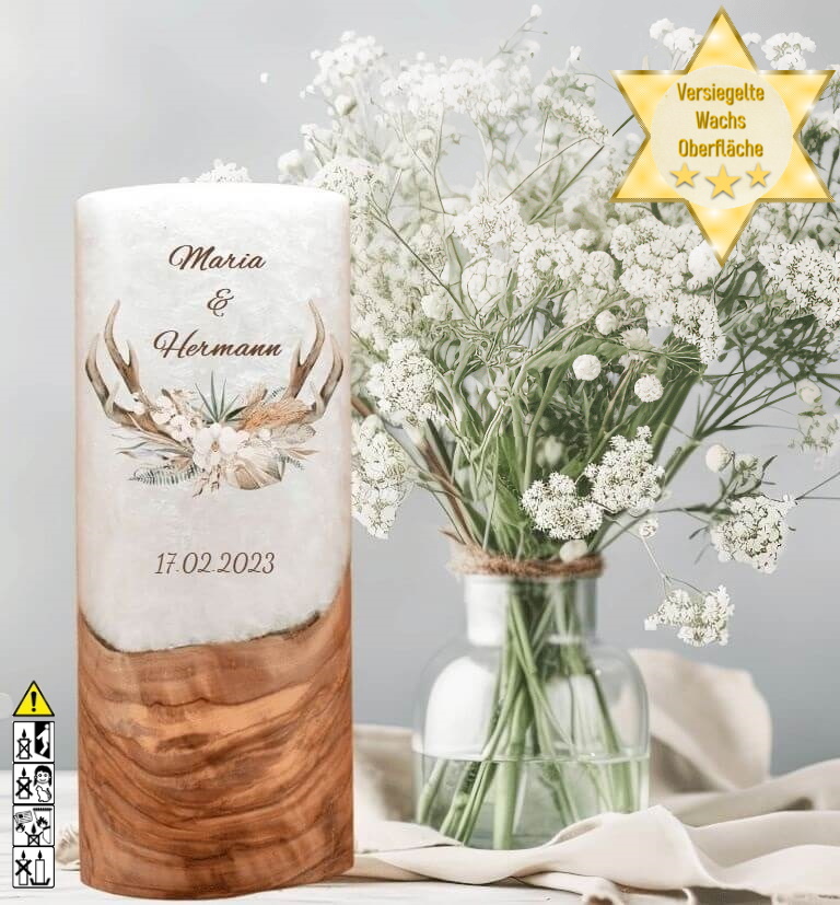 "Jäger" Hochzeitskerze mit Holzelement 25 cm hoch "Jäger" Hochzeitskerze mit Holzelement 25 cm hoch