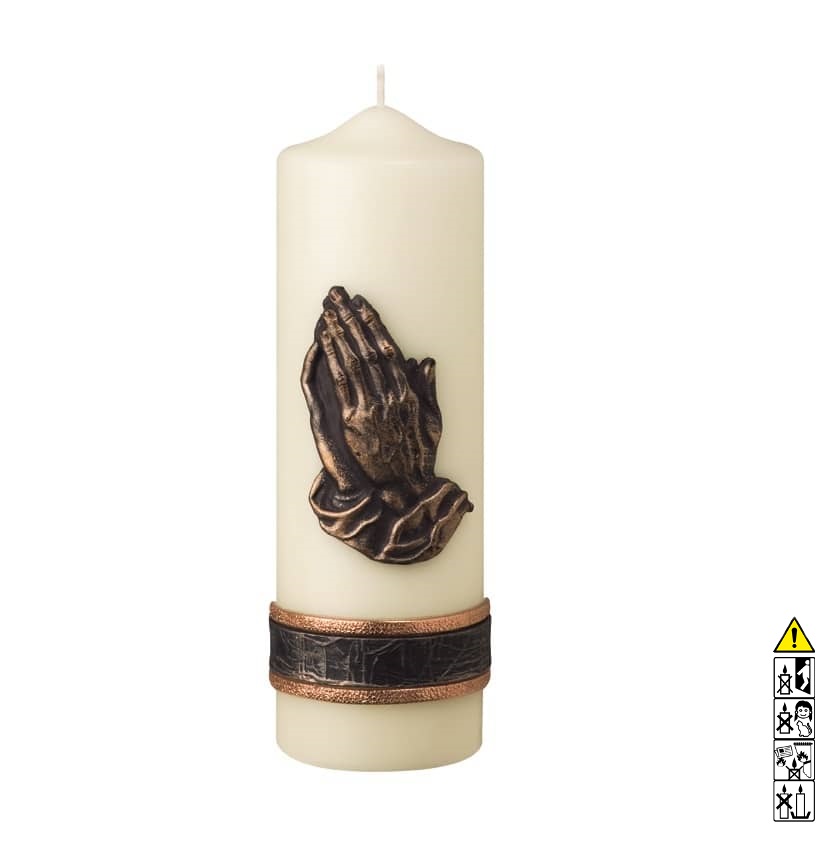 Gedenkkerze elfenbein betende Hände in Bronze 250 x 80 mm Eine edle Kerze für die Trauer und zum Gedenken elfenbein betende Hände in Bronze 250 x 80 mm