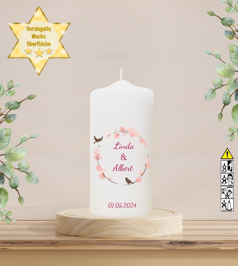 Personalisierte Hochzeitskerze "Vogelpaar 2" 20 cm Personalisierte Hochzeitskerze "Vogelpaar 2" 20 cm