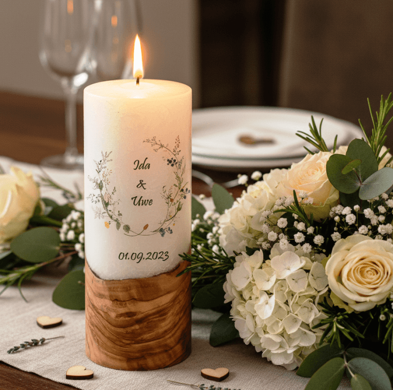 "Wiesenblumen" 25 cm Hochzeitskerze mit Holzelement