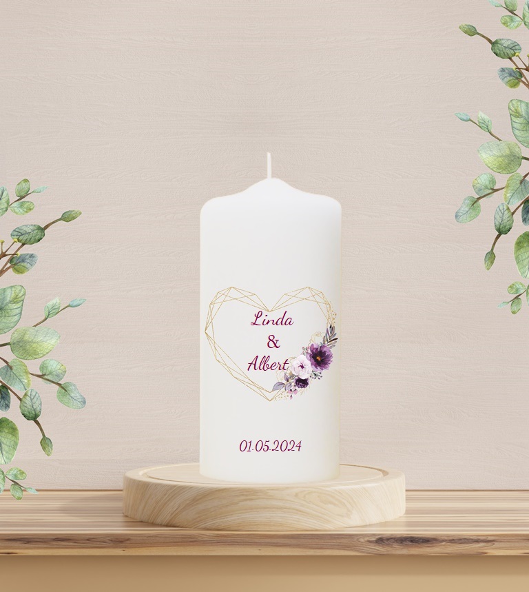 Personalisierte Hochzeitskerze "Herz in Lila" 20 cm