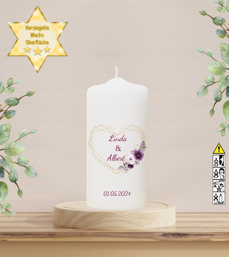 Personalisierte Hochzeitskerze "Herz in Lila" 20 cm Personalisierte Hochzeitskerze "Herz in Lila" 20 cm