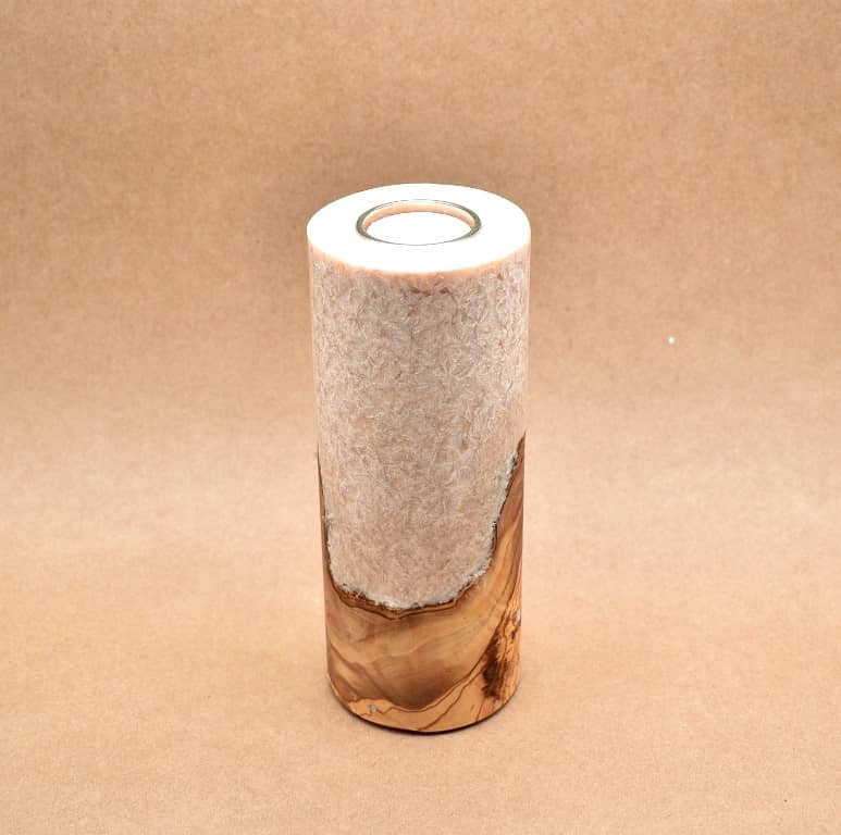Kerze mit Holz Unikat Rund 80 x 200 mm in beige Nr.1
