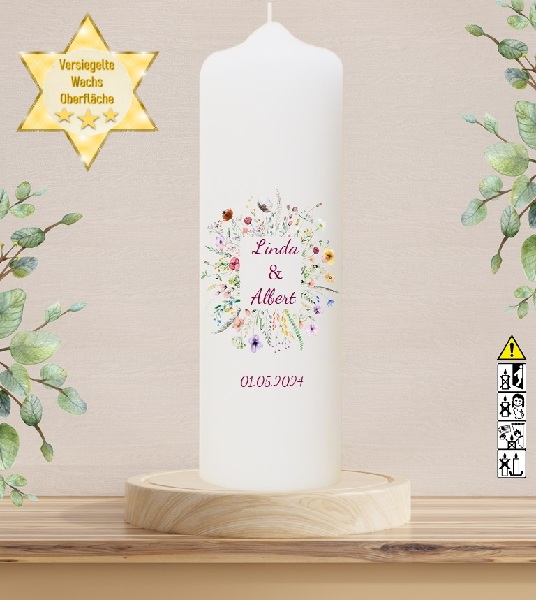Personalisierte Hochzeitskerze "Blumen Rahmen" 30 cm Personalisierte Hochzeitskerze "Blumen Rahmen" 30 cm