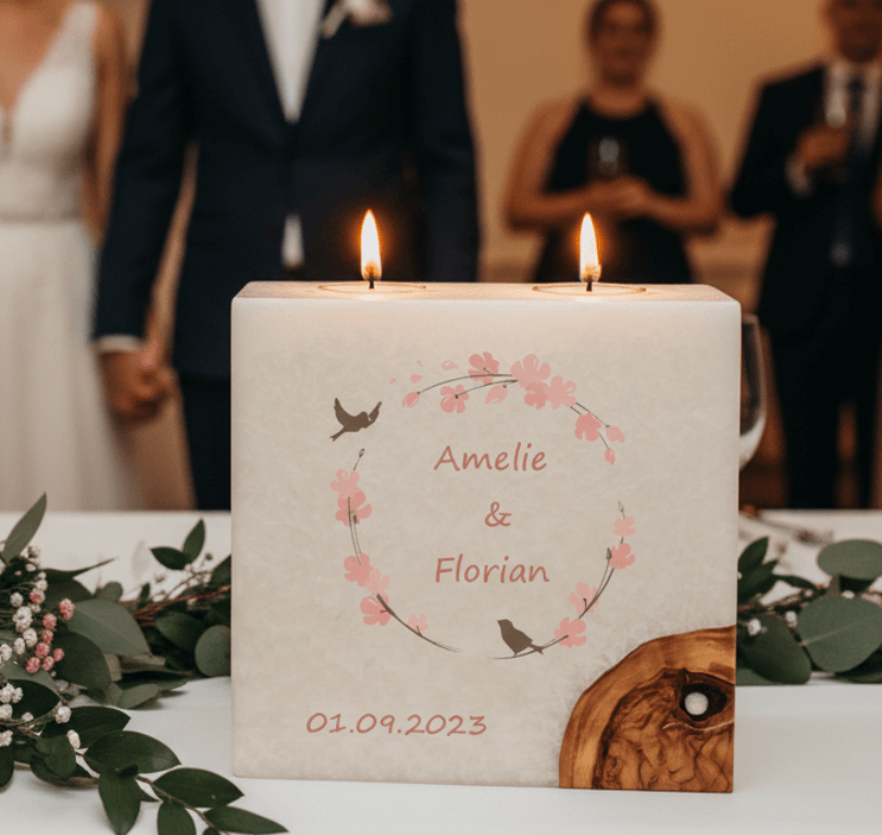 Hochzeitskerze Vogelpaar Nr.:2 mit 1 Holzelement und 2 Teelichter 20 x 20 cm