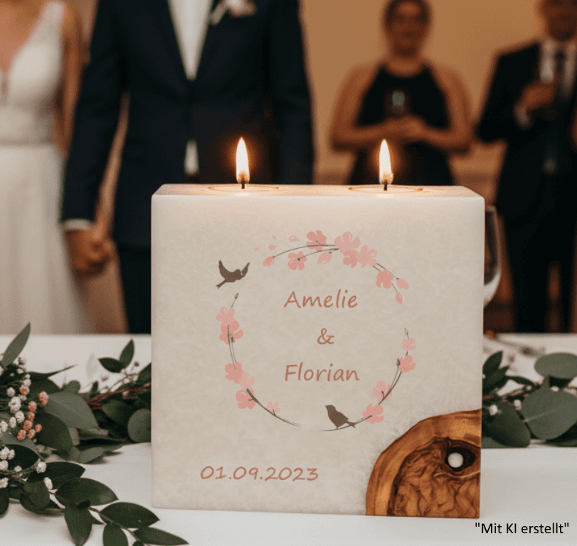 Hochzeitskerze Vogelpaar Nr.:2 mit 1 Holzelement und 2 Teelichter 20 x 20 cm
