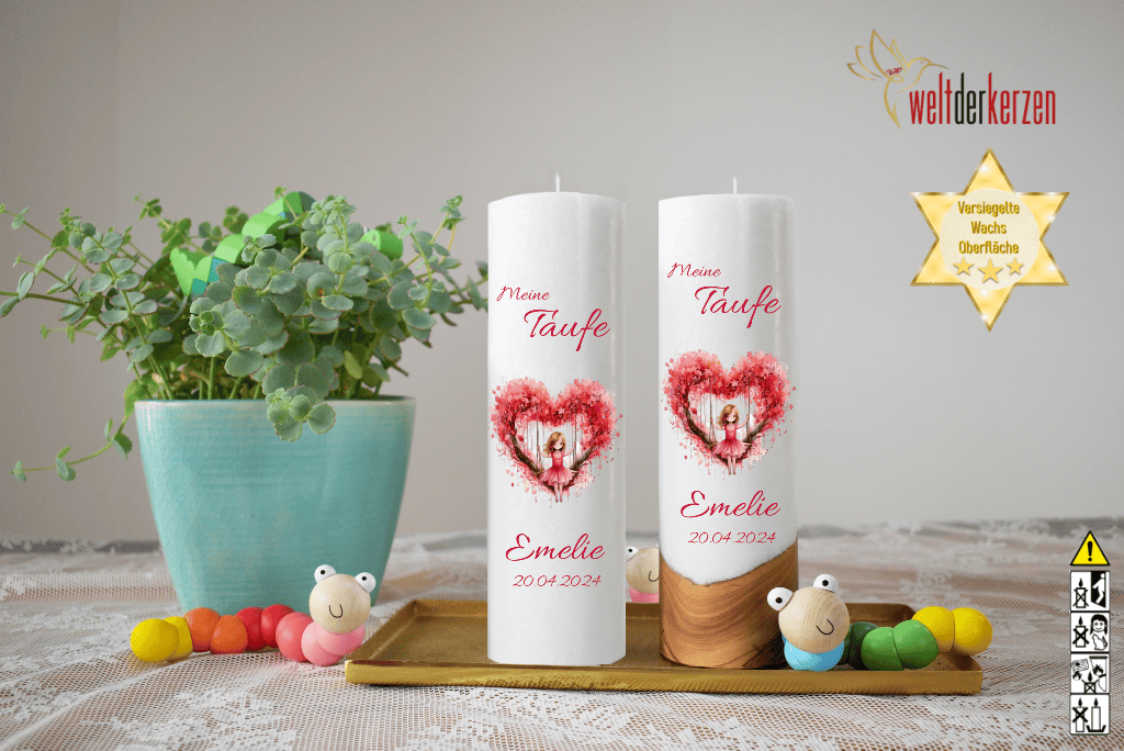 Taufkerze  Ø 6 oder 7 x 25 cm "Herzschaukel in Rosa"