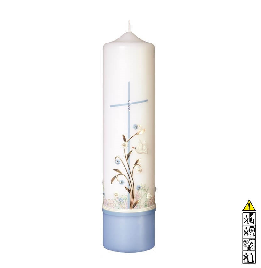 Taufkerze Blumen Taube hellblau 250 x 60 mm Taufkerze kaufen mit Motiv Blumen Taube hellblau 250 x 60 mm