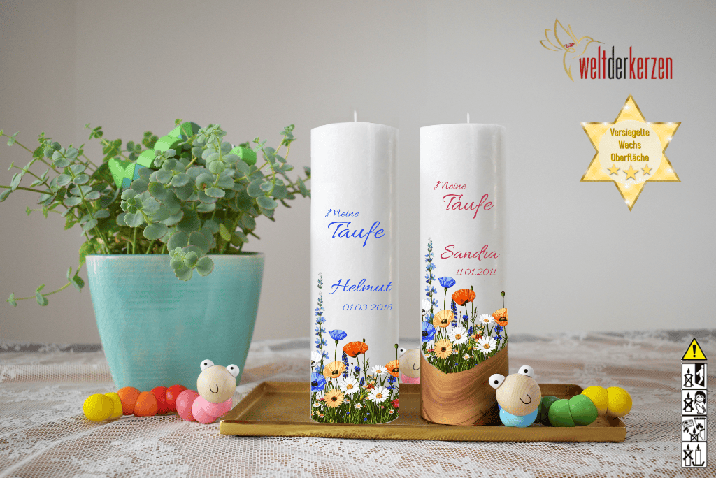 Taufkerze  Ø 6 oder 7 x 25 cm "Blumenwiese" Taufkerze  Ø 6 oder 7 x 25 cm "Blumenwiese"