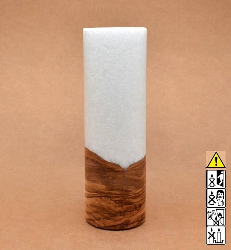 Kerze mit Holz. Individuelle runde Hochzeitskerze mit Holz aus Stearin. Kerze 80x250mm mit Holzelement, Individuelle, persönliche Hochzeitskerze  Holzkerze, Rund Stearinoptik, Hochzeitskerze mit Teelicht im Kerzen online Shop für Hochzeiten bestellen, günstig kaufen.