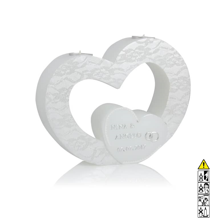 Hochzeitskerze "Doppelherz", in silber mit Spitzenmusteroptik + Teelichteinsatz Individuelle Hochzeitskerze kaufen für die Trauung "Doppelherz", in silber mit Spitzenmusteroptik + Teelichteinsatz