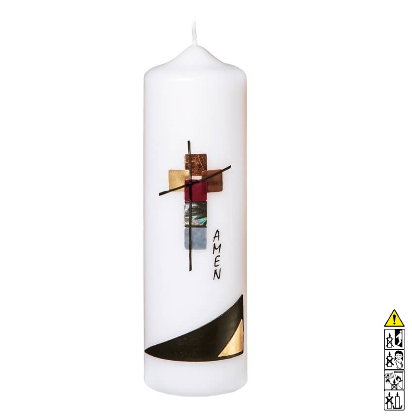 Eine edle Kerze für die Trauer und zum Gedenken Kreuz bunt Amen 200 x 60 mm