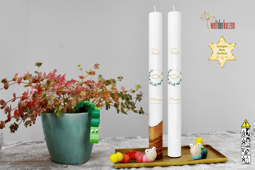 Taufkerze  Ø 4 x 40 cm "Fisch im Kranz"