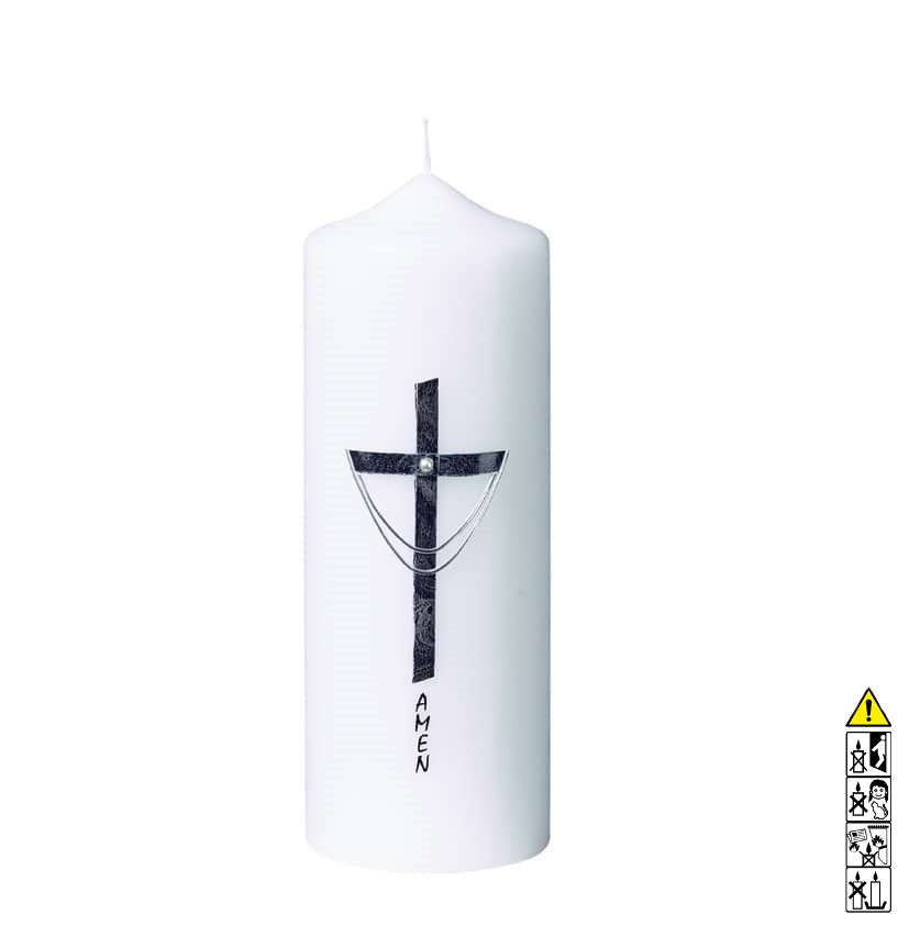 Gedenkkerze weiss Kreuz mit Kette 200 x 70 mm Eine edle Kerze für die Trauer und zum Gedenken weiss Kreuz mit Kette 200 x 70 mm