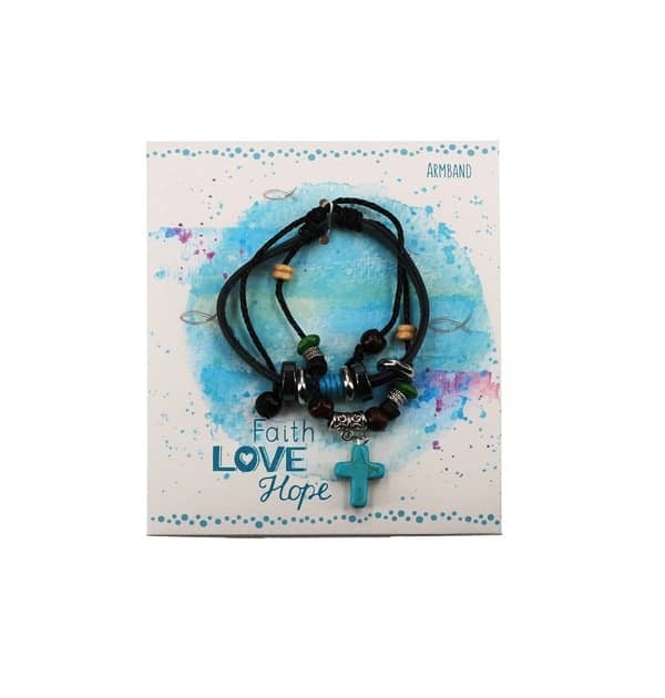 Leder-Armband "Faith-Love-Hope" dunkelblau 5-9 cm mit Kreuz-Anhänger und Perlen