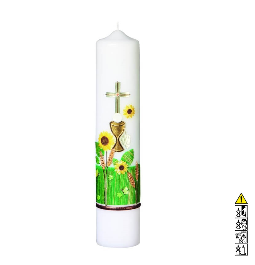 Kommunionkerze / Konfirmationskerze Kelch Kreuz Ähren Wiese 300 x 60 mm Kommunionkerze und Konfirmationkerze kaufen mit Motiv. Kelch Kreuz Ähren Wiese 300 x 60 mm