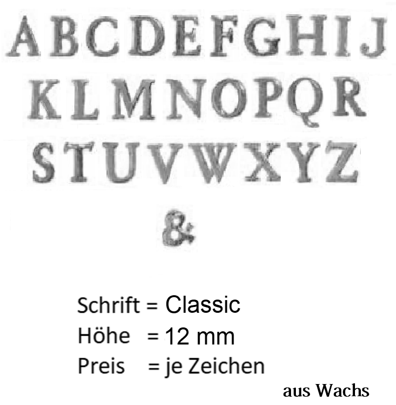 Buchstabe groß (Preis je Buchstabe) Echtwachs in Silber "Classic" in 12 mm. Buchstabe groß (Preis je Buchstabe) Echtwachs in Silber "Classic" in 12 mm.