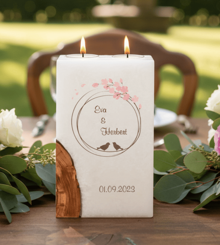 "Vogelpaar Nr.:1" Hochzeitskerze mit Holz und 2 Teelichter 14 x 21 cm