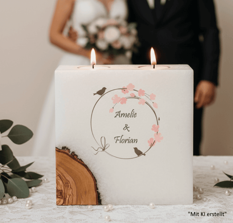 Hochzeitskerze Vogelpaar Nr.:3 mit 1 Holzelement und 2 Teelichter 20 x 20 cm