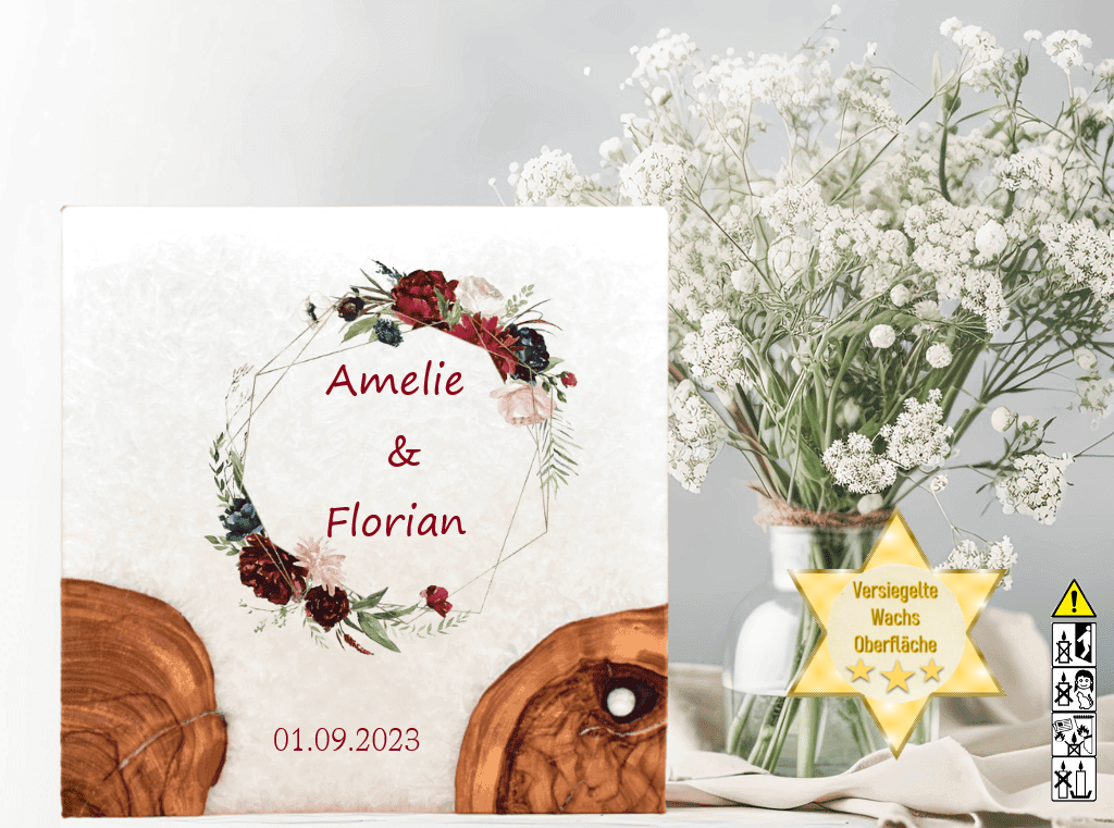 Hochzeitskerze mit Holzelement. Motiv: Rosenkranz Hochzeitskerze mit Holzelement. Motiv: Rosenkranz günstig in unserem Onlineshop kaufen. Personalisierte Hochzeitskerze online kaufen