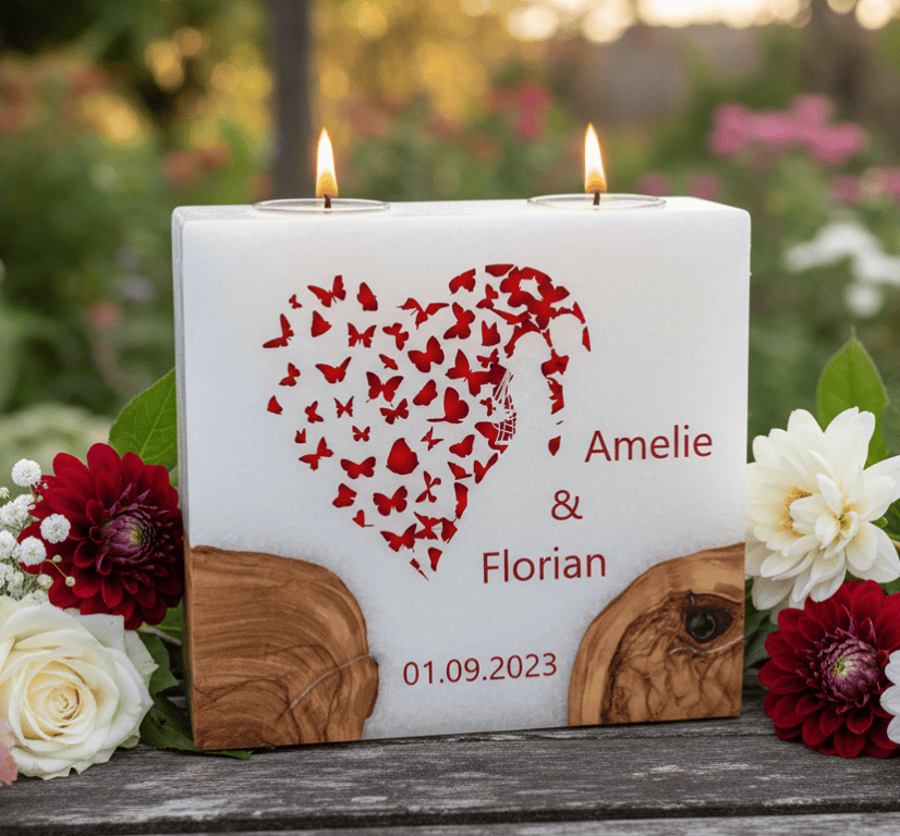 Hochzeitskerze Brautpaar im Herz mit 2 Holzelementen und 2 Teelichter 20 x 20 cm