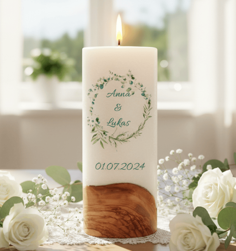 "Eukalyptuskranz 3" Hochzeitskerze mit Holzelement 20 cm hoch