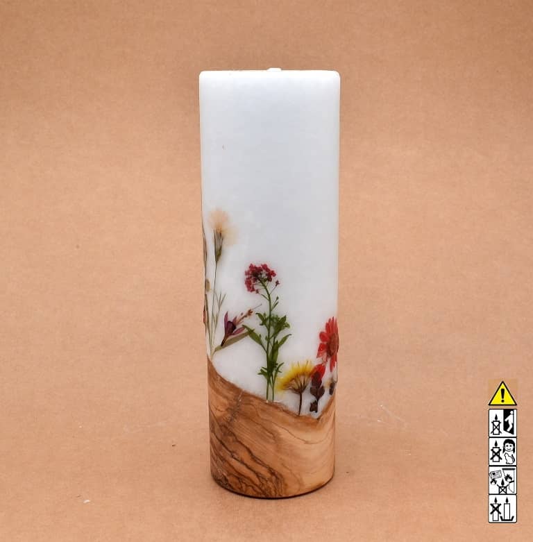 Blumendekor handgefertigt Stumpen Ø 80 x 250 mm mit Holz und Teelicht