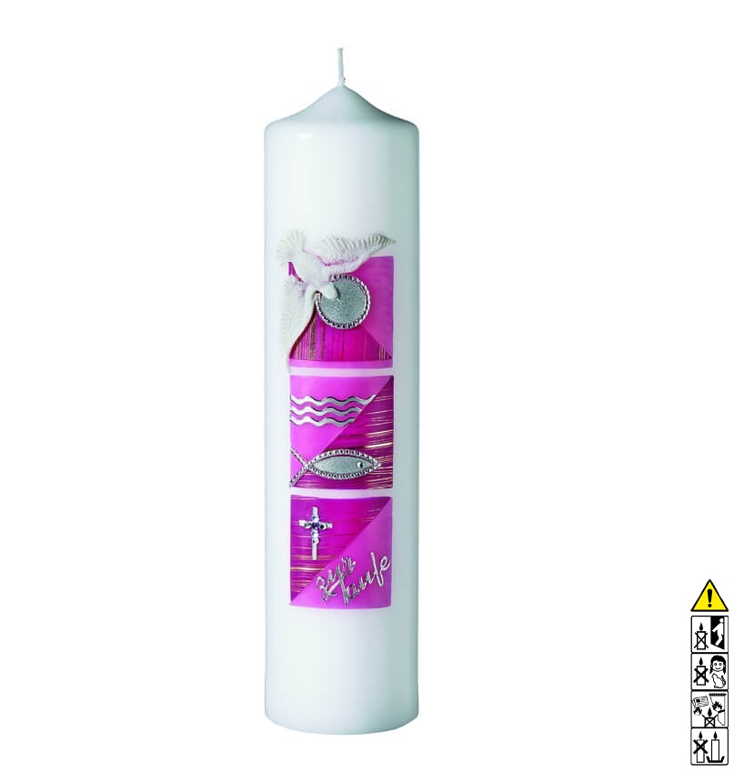Taufkerze Taube Fisch Kreuz in pink 250 x 60 mm Taufkerze kaufen mit Motiv Taube Fisch Kreuz in pink 250 x 60 mm