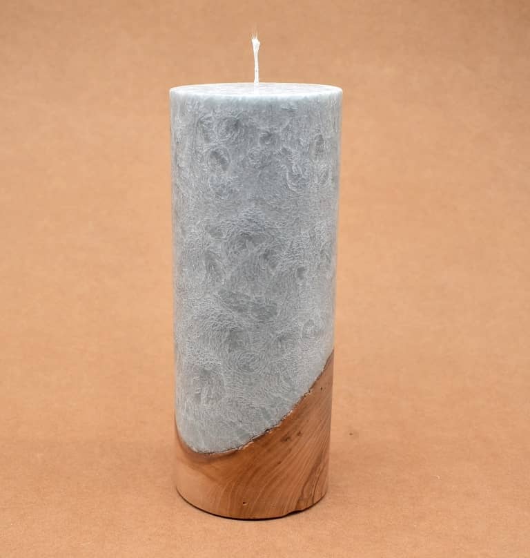 Kerze mit Holz Unikat Rund 80 x 200 mm mit Docht in silbergrau Nr.: 2