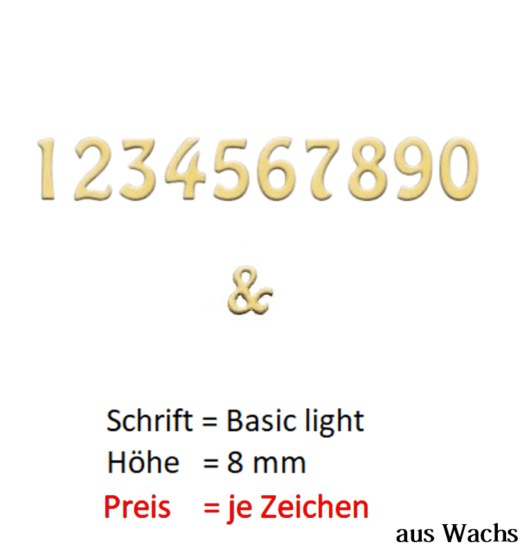Zahl (Preis je Zahl) Echtwachs in Gold "Basic-light" in 8 mm.