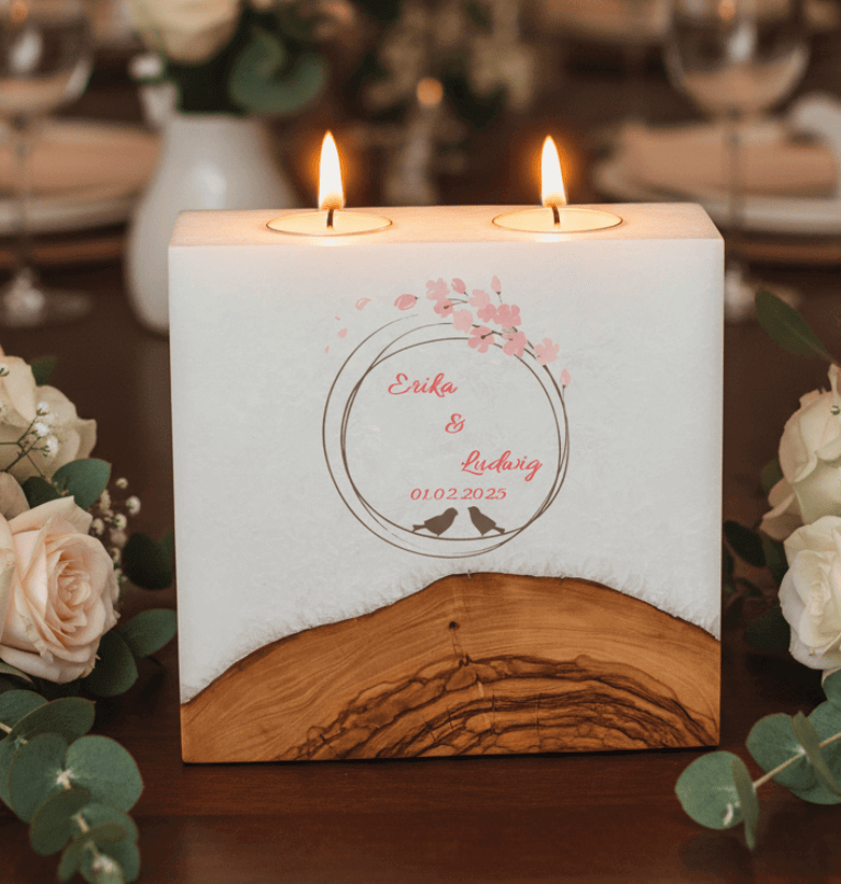 Hochzeitskerze Vogelpaar Nr.:1 mit Sockel und 2 Teelichter 20 x 20 cm